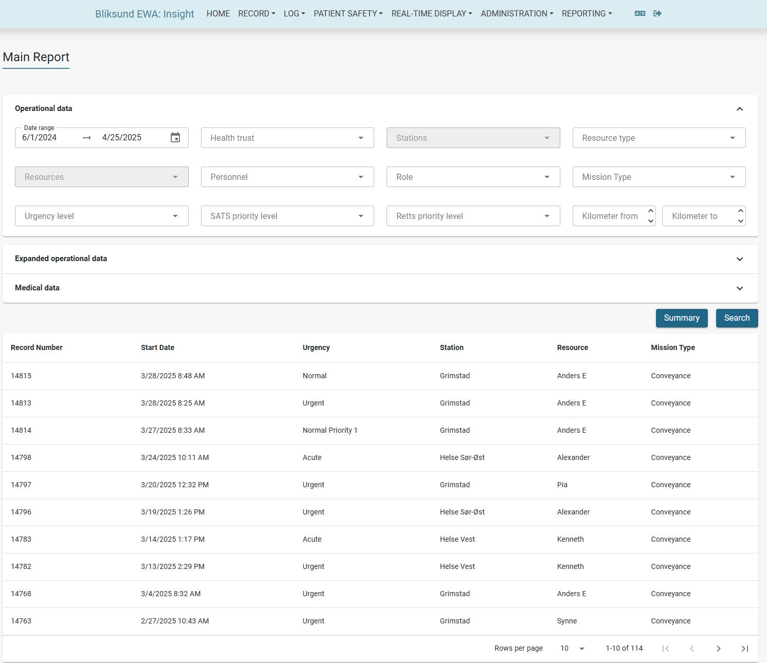 Main Report interface showing the filtering panel and data grid